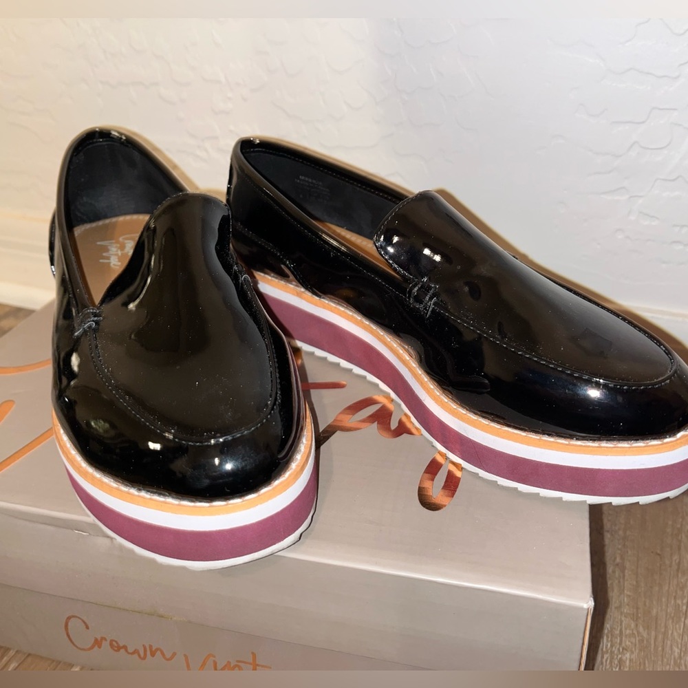 Crown Vintage Black Patent Platform Loafers with Pink and White Stripe Sole